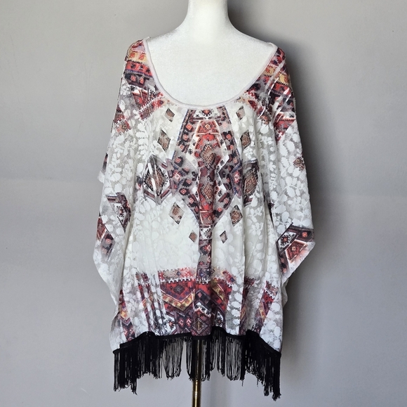 Western Boho Lightweight Poncho Top Swim Beach Coverup with Fringe O/S - Picture 7 of 7